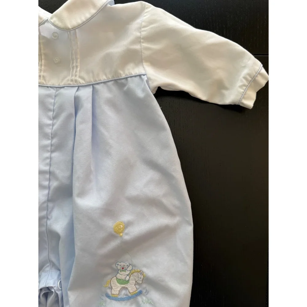 Petit‎ Ami Infant Longall Romper Newborn Blue Embroidered Rocking Horse Southern